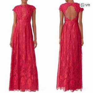 Monique Lhuillier Deep Red Pink Berry Floral Lace Formal Gown $495